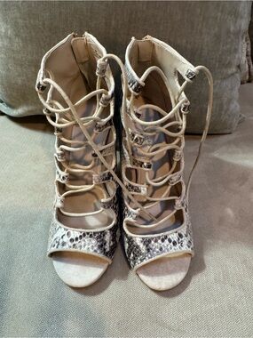Obsession Rules Snake-Print Lace-Up Stiletto in Beige and Black